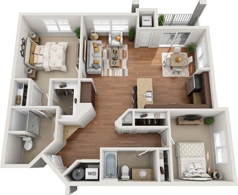 Floor plan for 2 beds, 2 baths, 1249 sqft